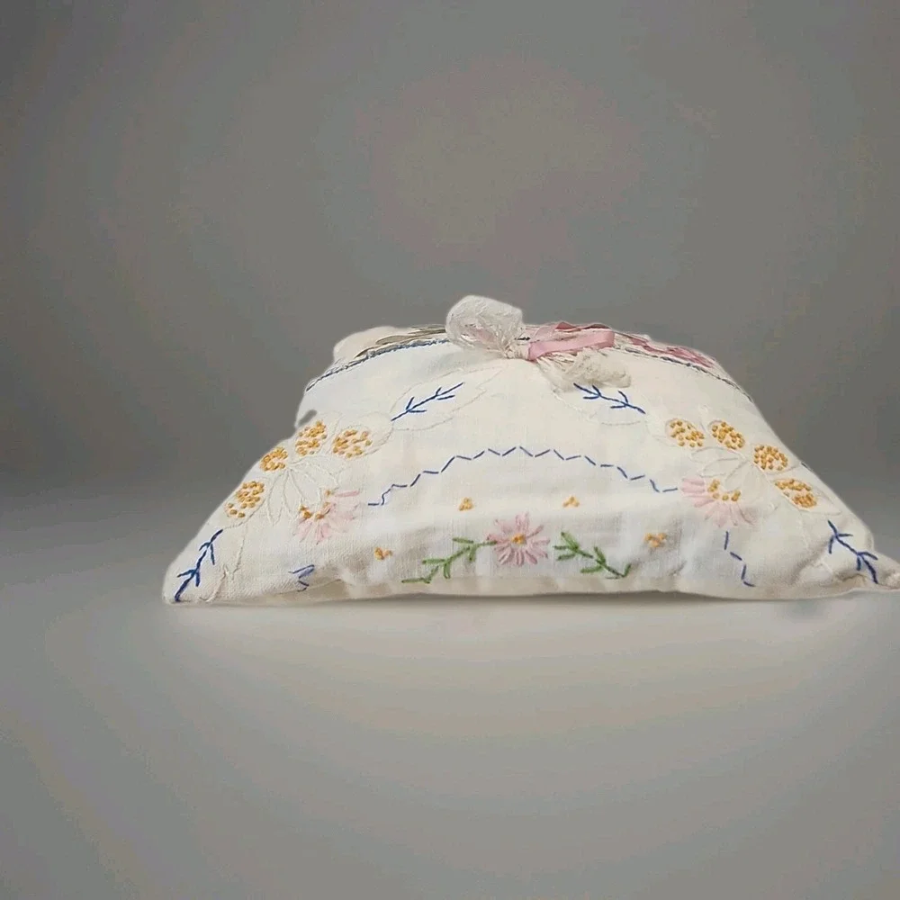 Vintage Handmade Floral Pillow 10x11 Embroidered Linen Lace Ribbon Cottagecore